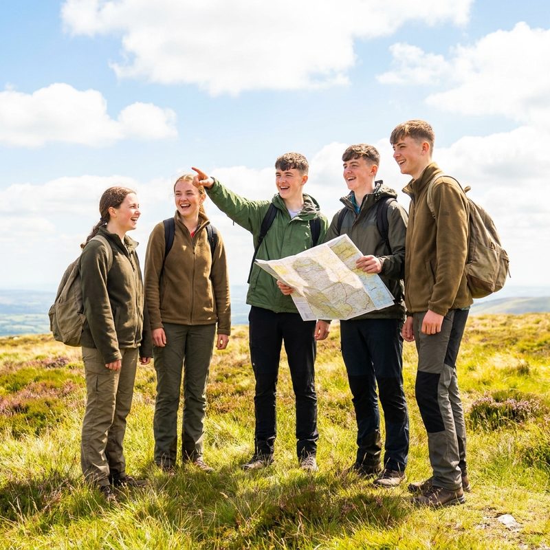 Teenagers with rucksacks and a map on a hilltop expedition