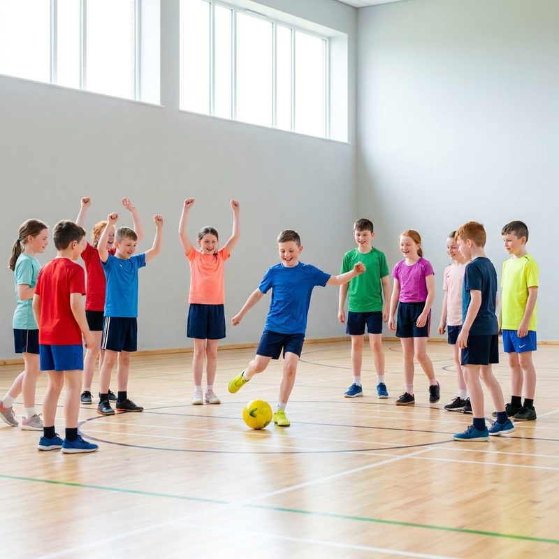 Children playing indoor football in the sports hall