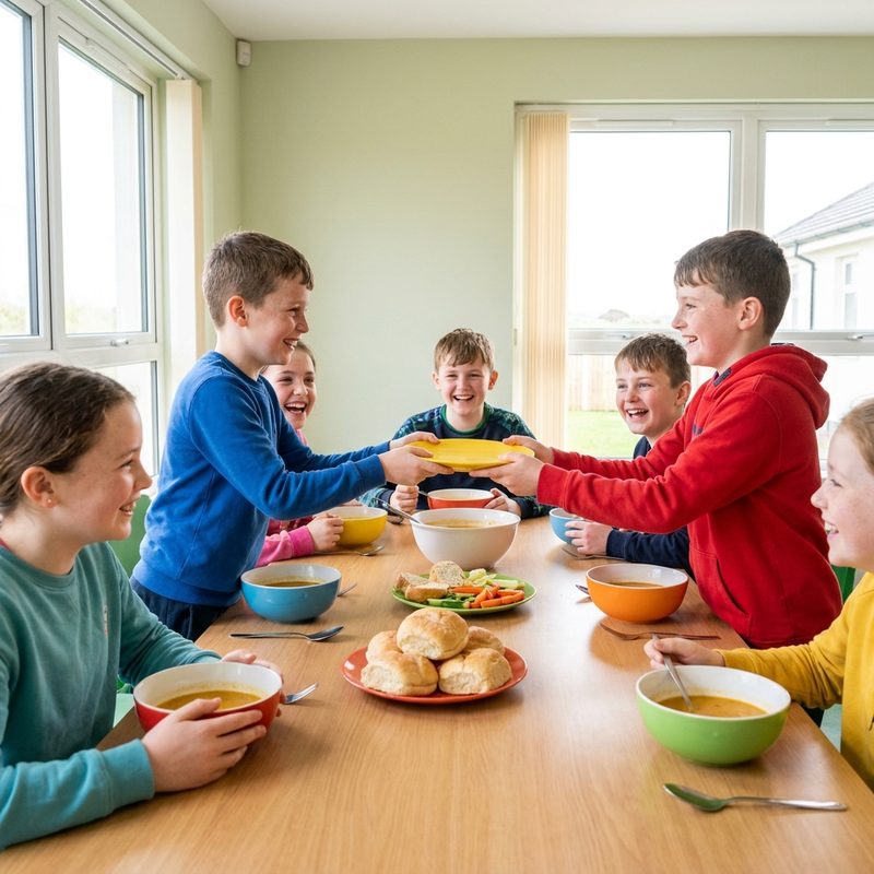 Kids sharing a meal together around a big table