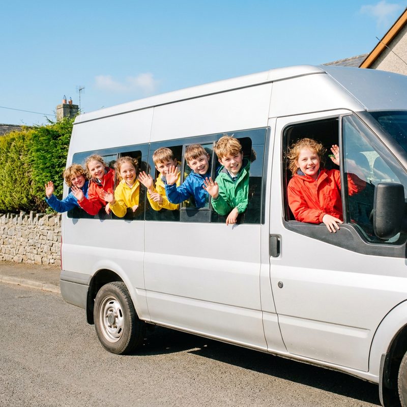 Kids waving from the minibus before a day trip