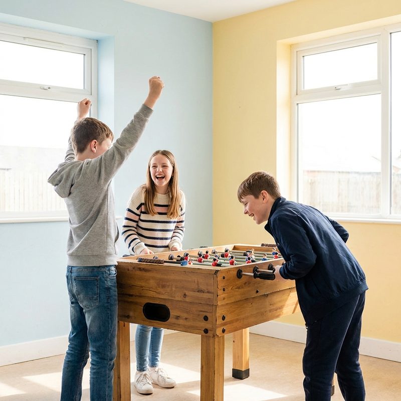 Kids laughing while playing table football at the youth club